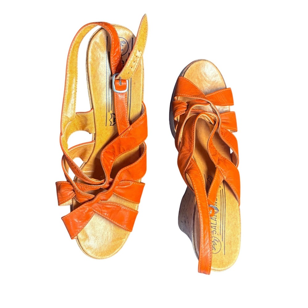 Salamander Orange Leather Strappy Cork Wedge Sandals Womens 7.5 Made‎ in Germany